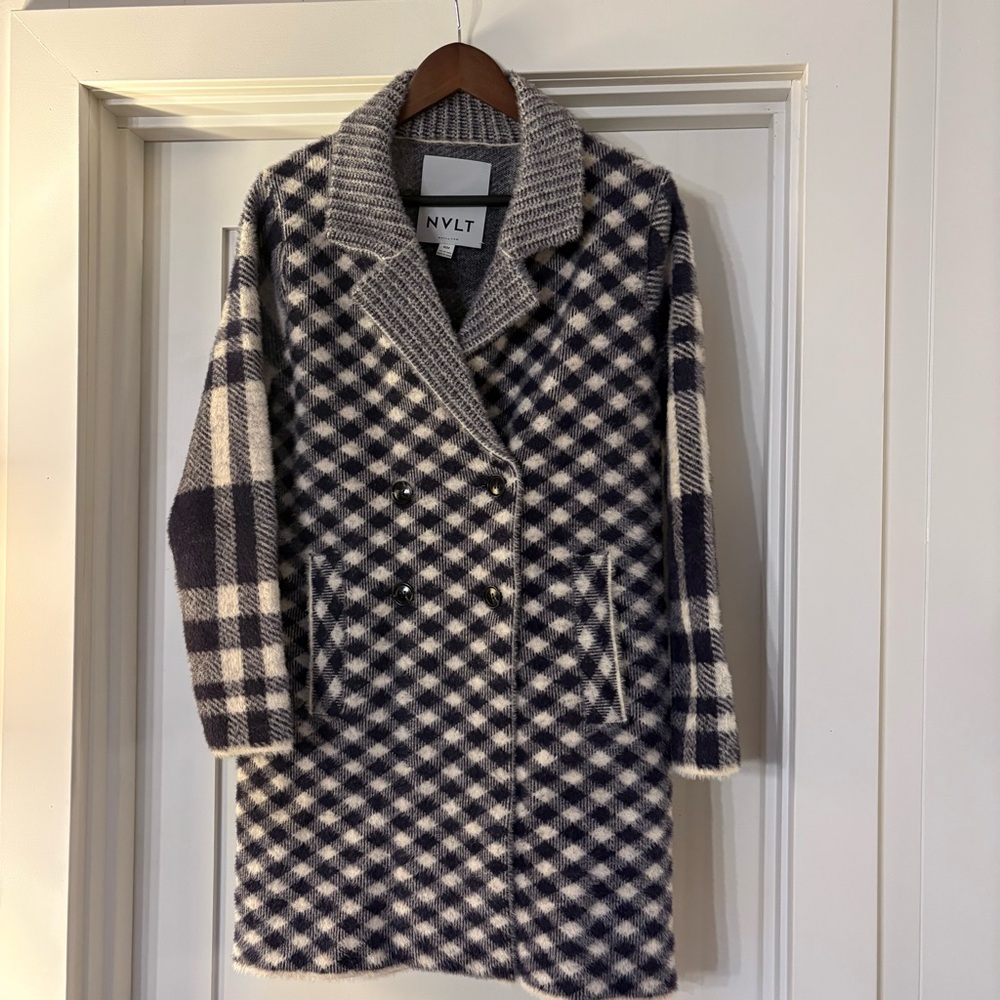 NVLT Women's Plaid Pea Coat in Black and Cream